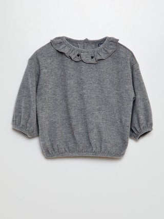 Camisola de malha peluche com gola com folhos