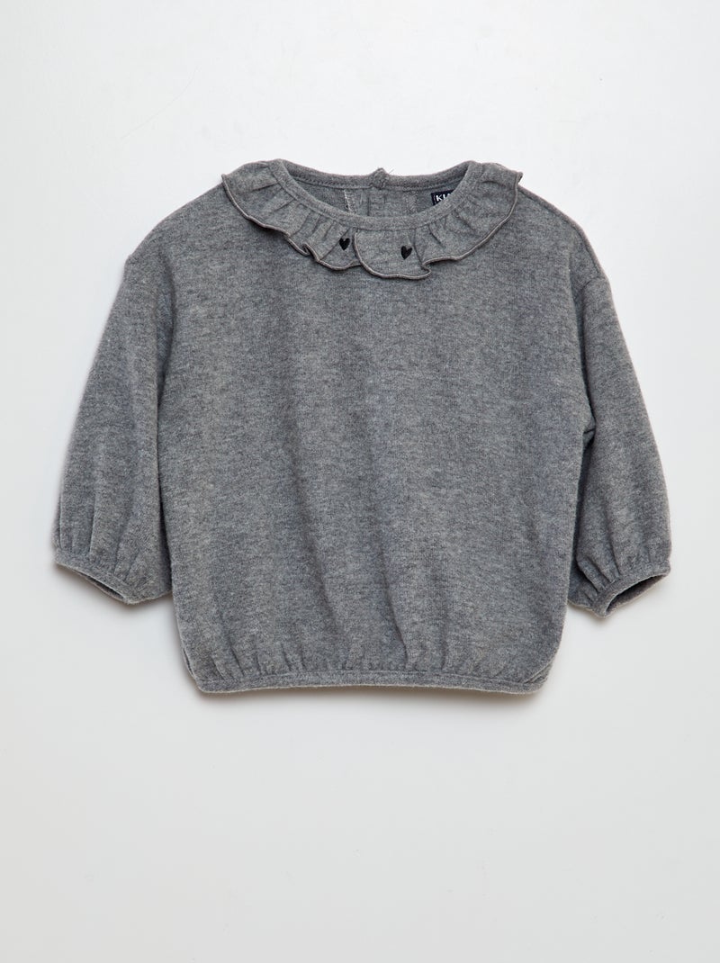 Camisola de malha peluche com gola com folhos CINZA - Kiabi