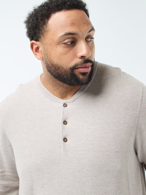 Camisola de malha piqué com gola redonda abotoada - Kiabi