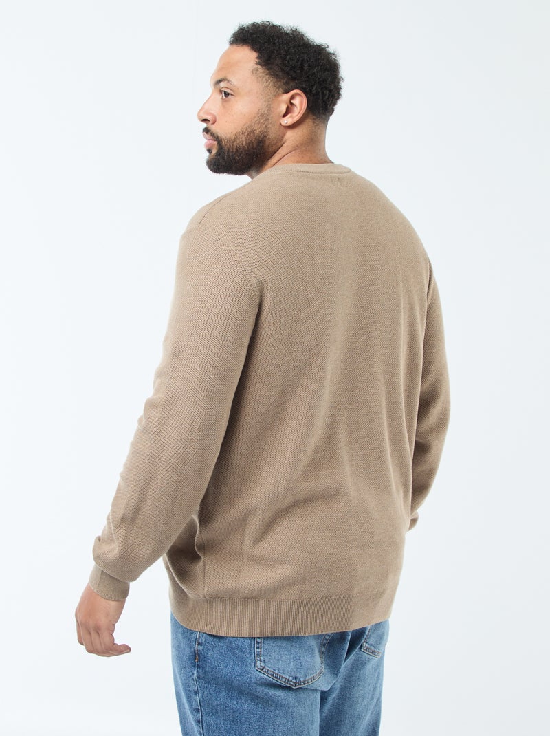 Camisola de malha piqué com gola redonda abotoada Castanho - Kiabi