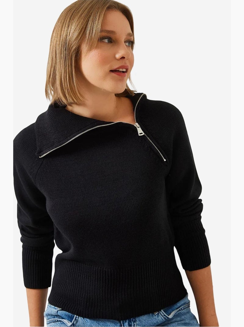 Camisola de malha raglan com fecho lucci Preto - Kiabi