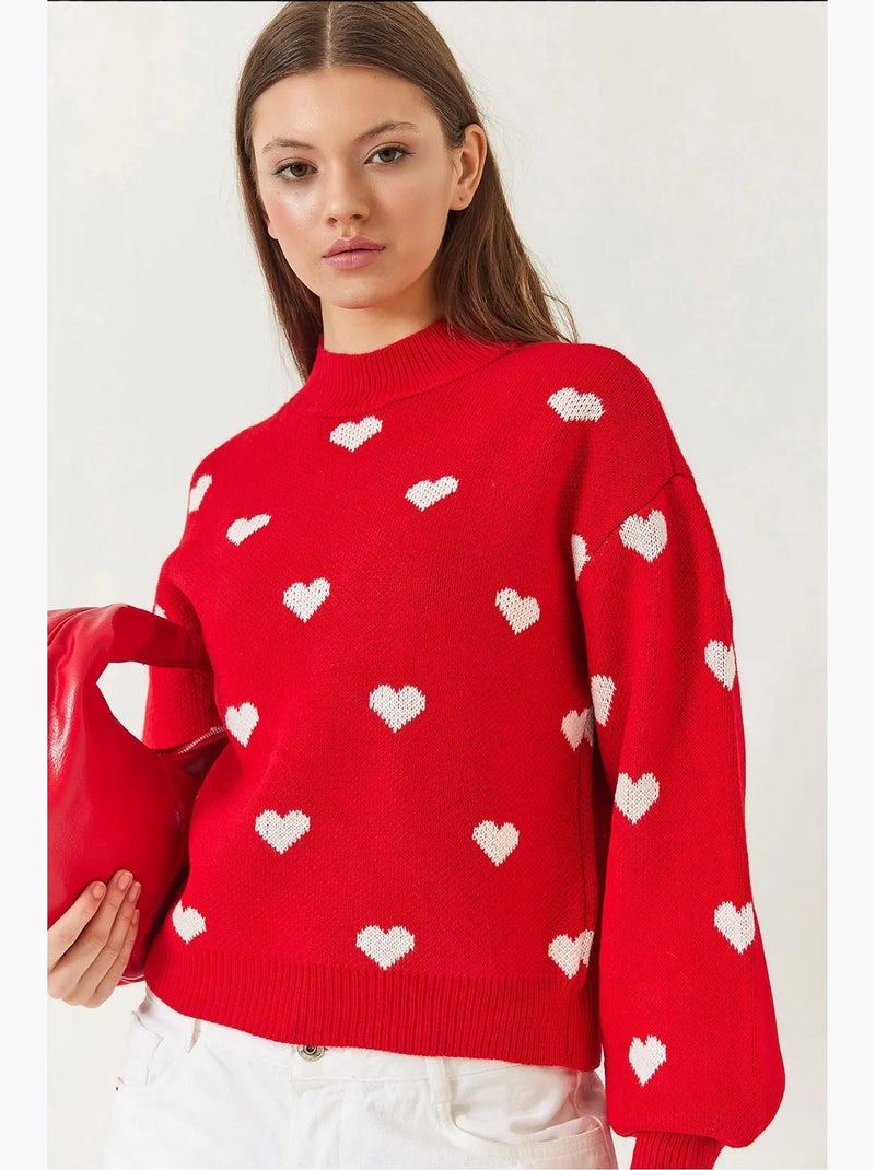 Camisola de malha relaxed fit com decote redondo e padrão de corações lucci Vermelho - Kiabi
