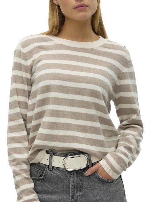 Camisola de Malha Riscas Bege/Cru Mulher Vero Moda Fantastic Button - Kiabi