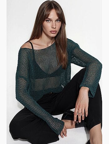 Camisola de malha semitransparente com decote barco hiccup