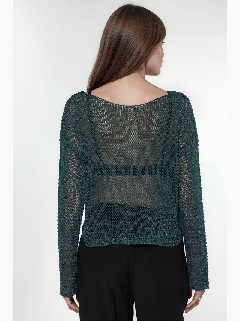 Camisola de malha semitransparente com decote barco hiccup Verde garrafa - Kiabi