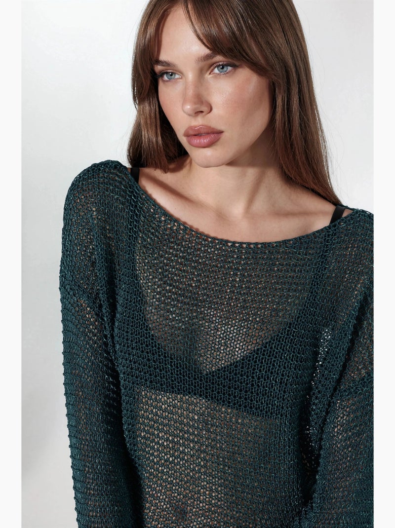 Camisola de malha semitransparente com decote barco hiccup Verde garrafa - Kiabi