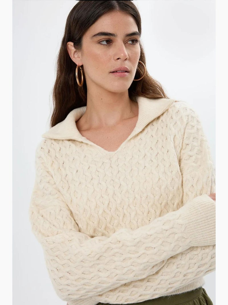 Camisola de malha texturada com colarinho de camisa hiccup Bege-argila - Kiabi