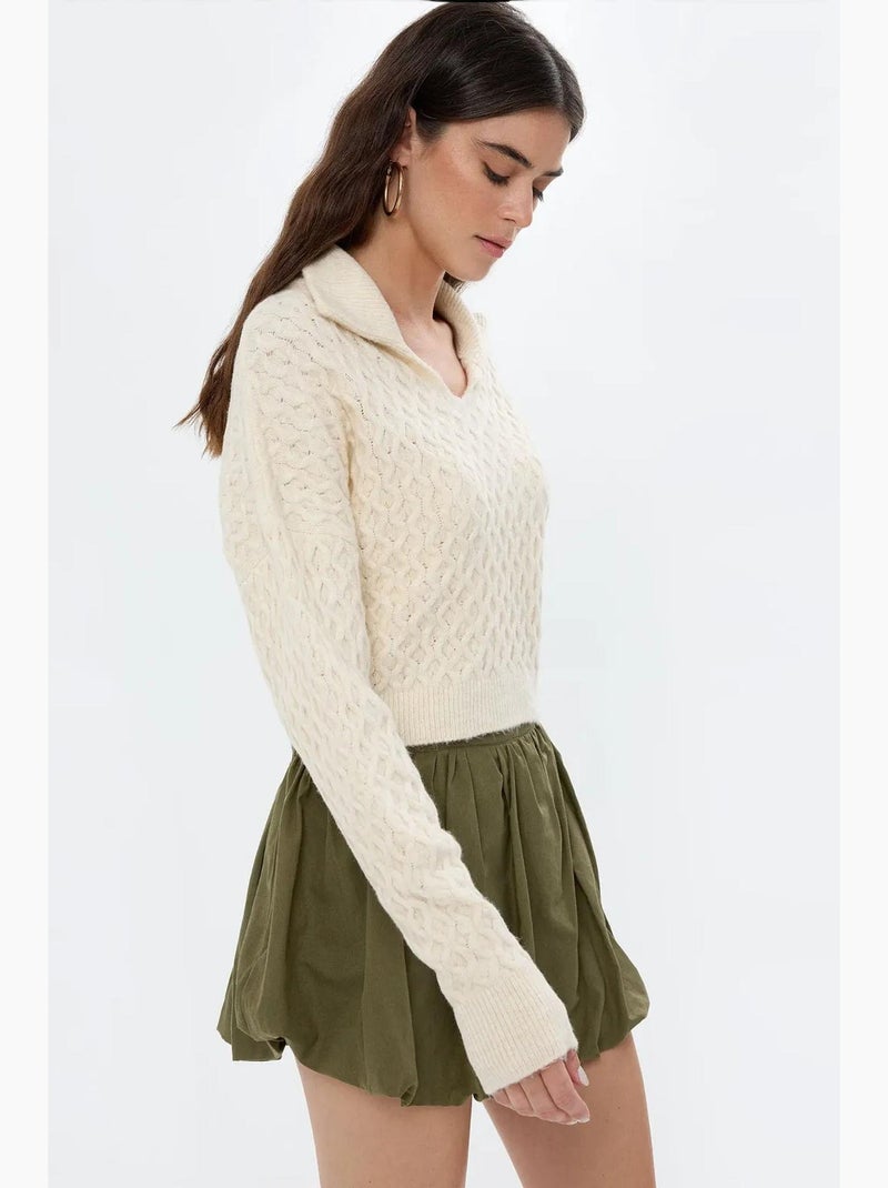 Camisola de malha texturada com colarinho de camisa hiccup Bege-argila - Kiabi