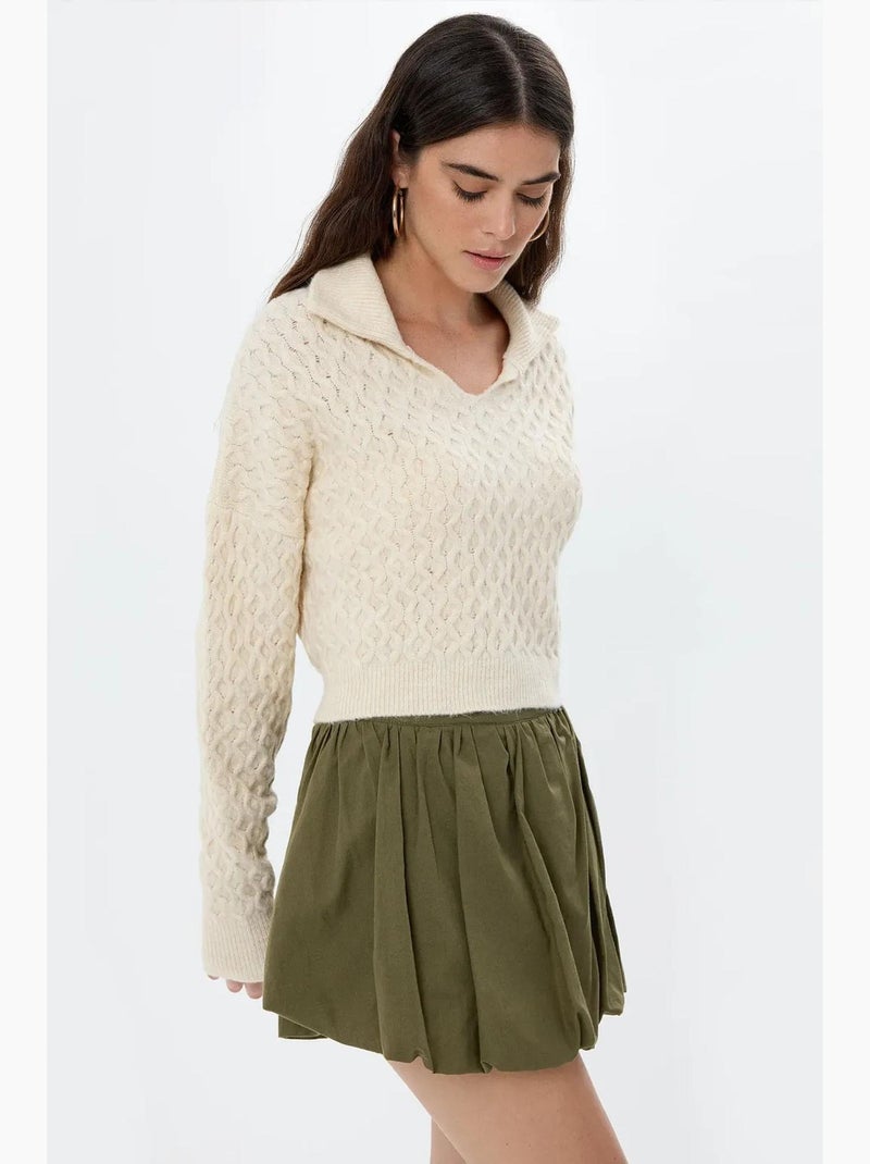 Camisola de malha texturada com colarinho de camisa hiccup Bege-argila - Kiabi