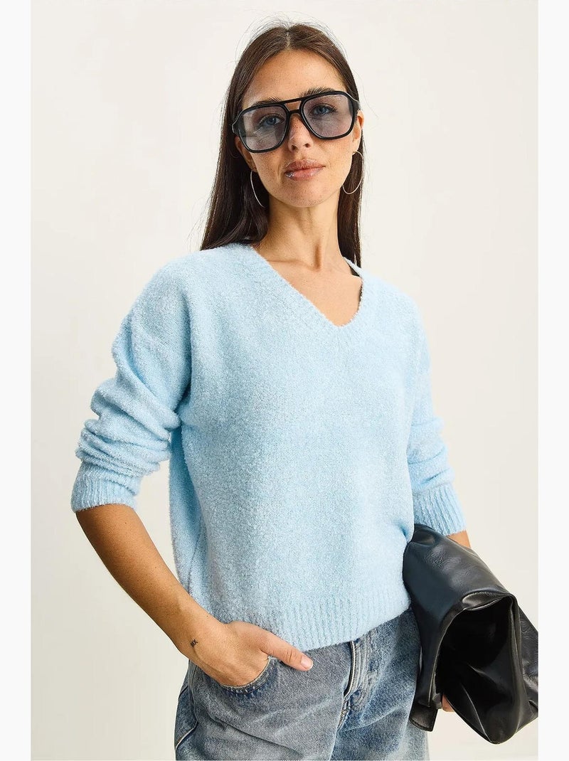 Camisola de malha texturada com decote em v lucci Azul-céu - Kiabi