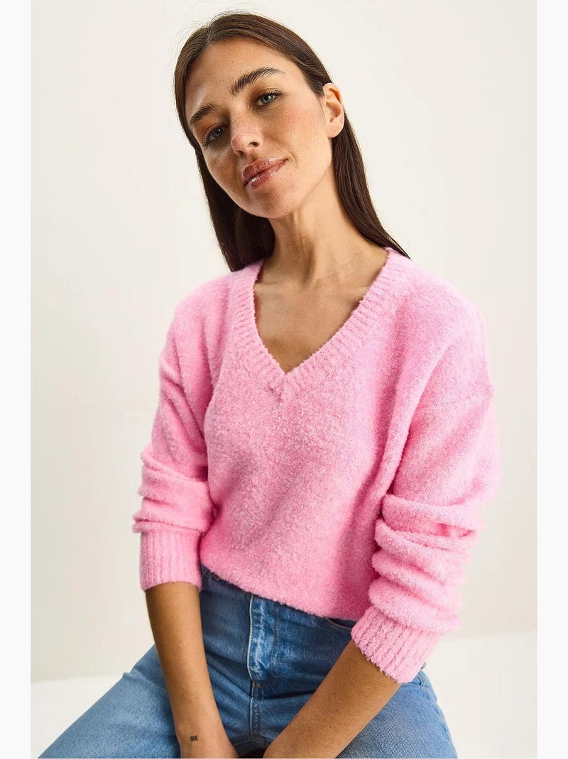 Camisola de malha texturada com decote em v lucci Rosa-fluo/Solinotes - Kiabi