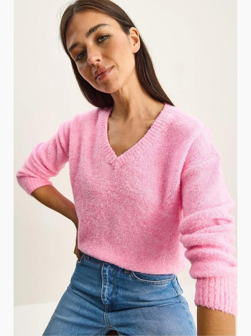 Camisola de malha texturada com decote em v lucci Rosa-fluo/Solinotes - Kiabi