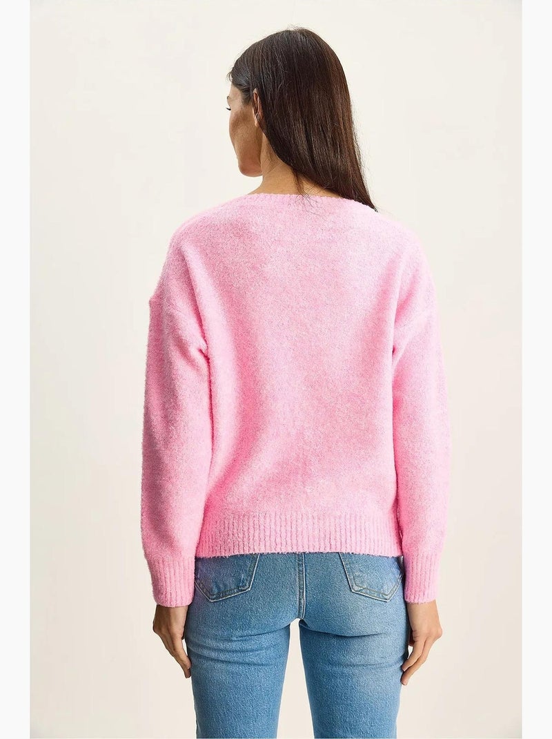Camisola de malha texturada com decote em v lucci Rosa-fluo/Solinotes - Kiabi