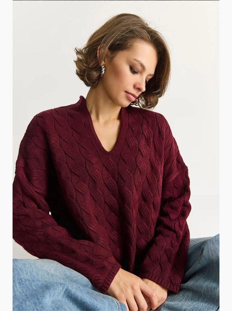 Camisola de malha texturada com decote em v, relaxed fit lucci Vermelho bordô - Kiabi