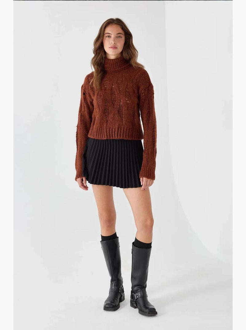 Camisola de malha texturada com gola alta hiccup Castanho - Kiabi