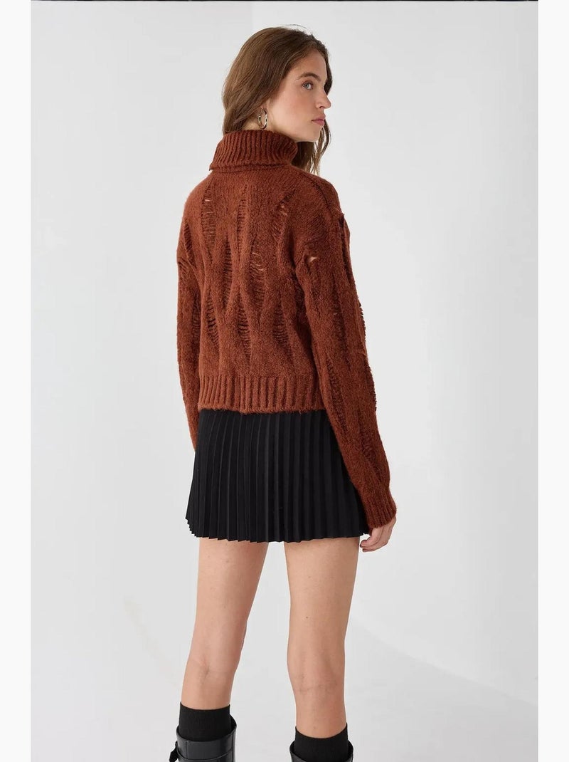 Camisola de malha texturada com gola alta hiccup Castanho - Kiabi
