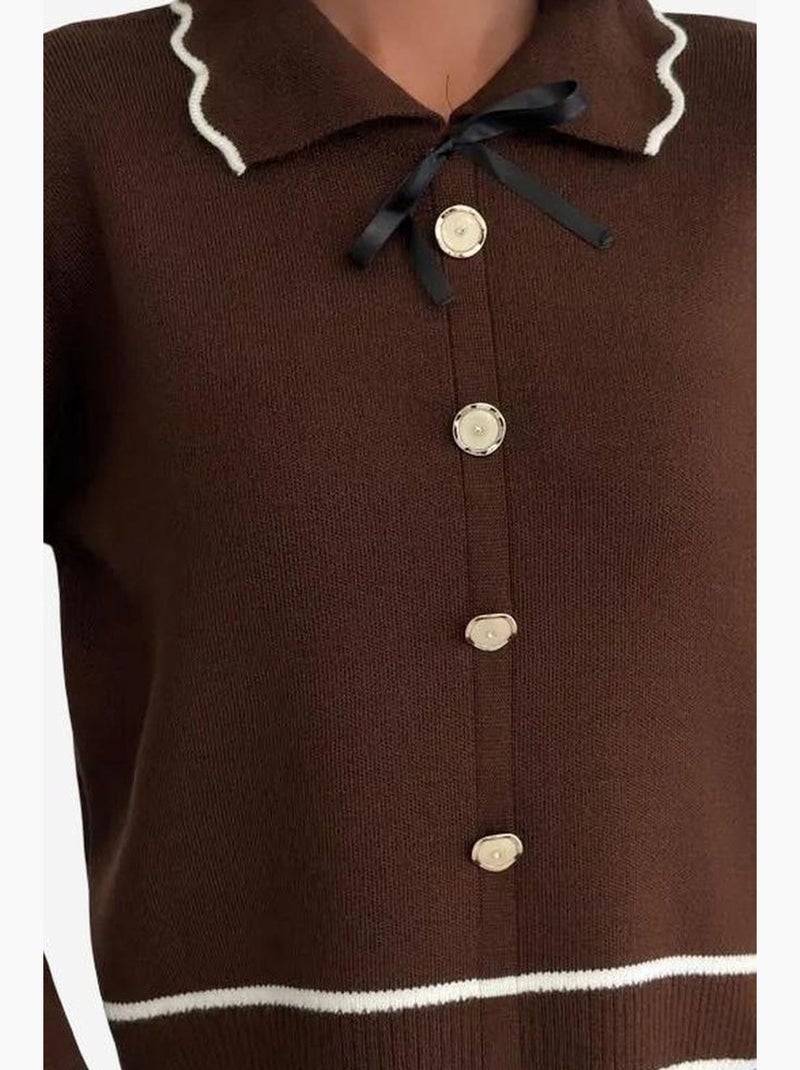 Camisola de malha texturada com gola polo e detalhe de fita my fashion Castanho-chocolate - Kiabi