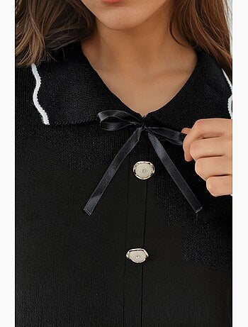 Camisola de malha texturada com gola polo e detalhe de fita my fashion