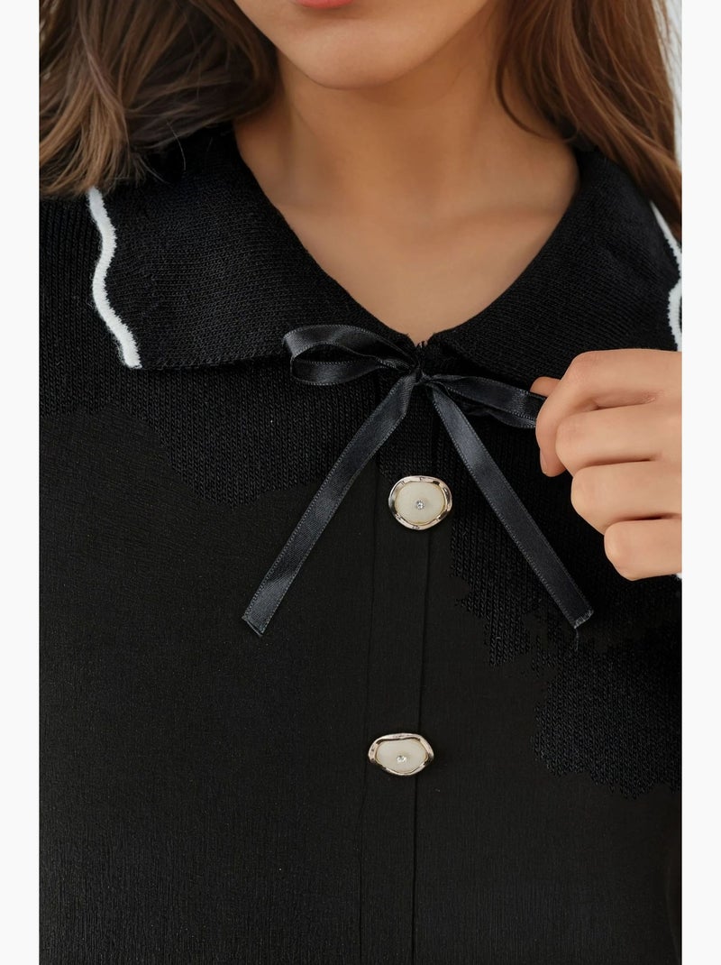 Camisola de malha texturada com gola polo e detalhe de fita my fashion Preto - Kiabi