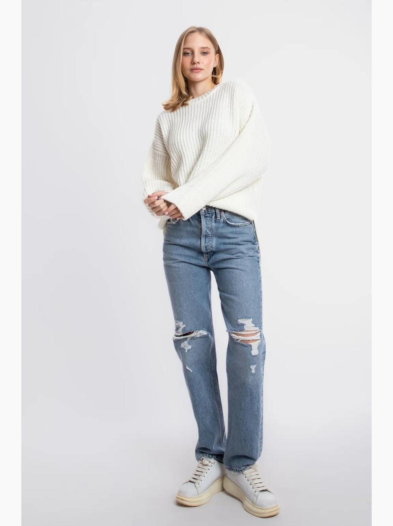 Camisola de malha texturada com gola redonda hiccup Branco - Kiabi