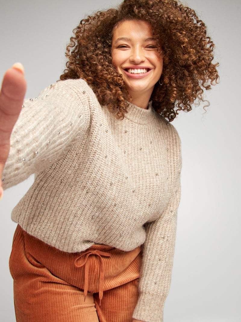 Camisola de malha tricô com pérolas de fantasia BEGE - Kiabi