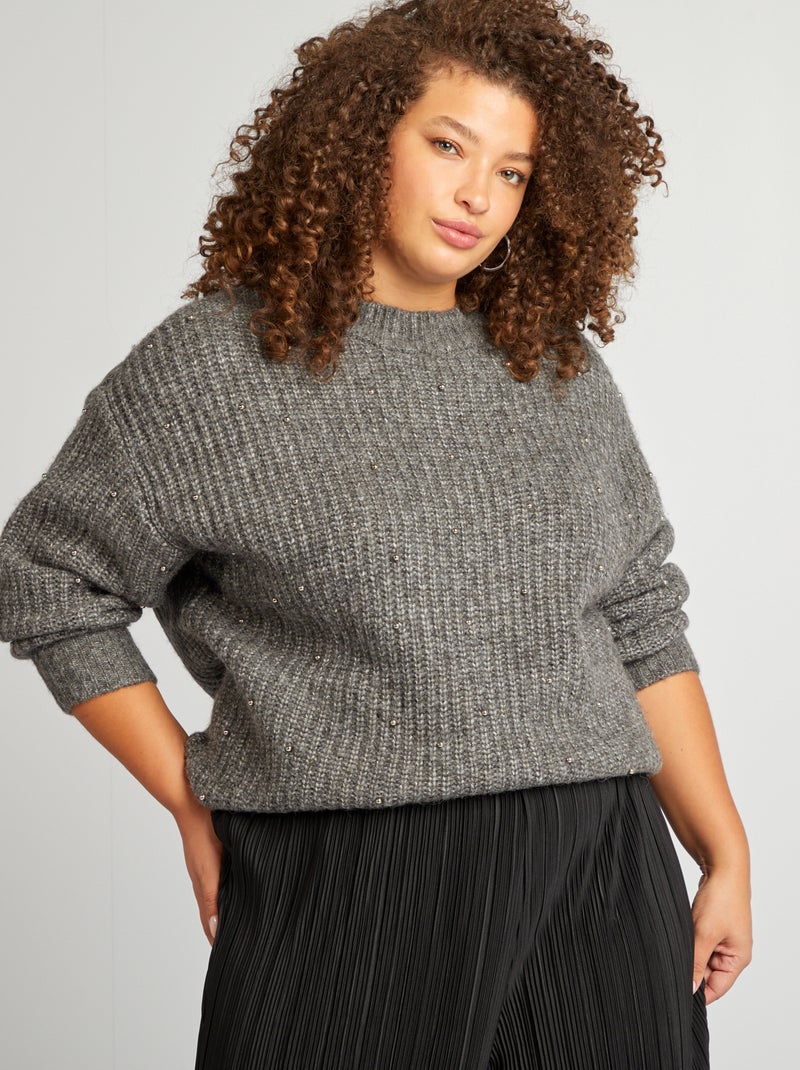 Camisola de malha tricô com pérolas de fantasia CINZA - Kiabi