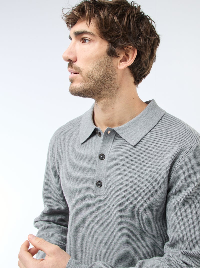 Camisola de malha waffle com gola polo Cinza - Kiabi