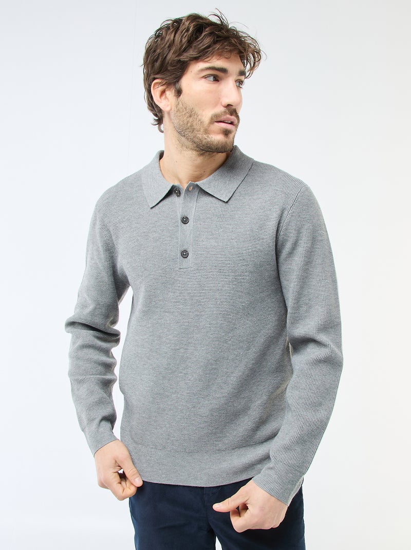 Camisola de malha waffle com gola polo Cinza - Kiabi