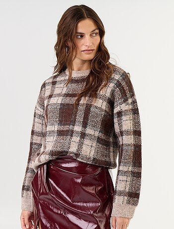 Camisola de malha xadrez com gola redonda