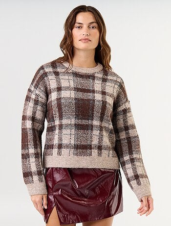 Camisola de malha xadrez com gola redonda