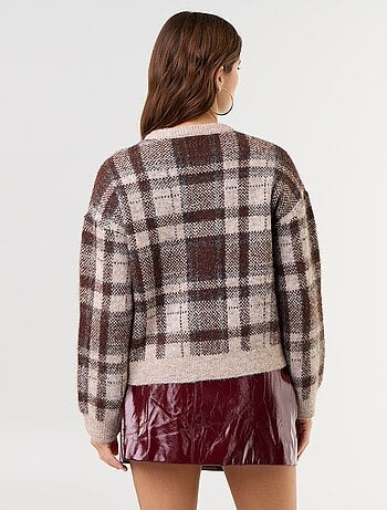 Camisola de malha xadrez com gola redonda