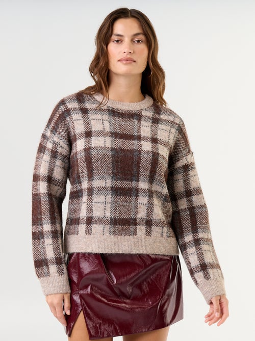 Camisola de malha xadrez com gola redonda - Kiabi