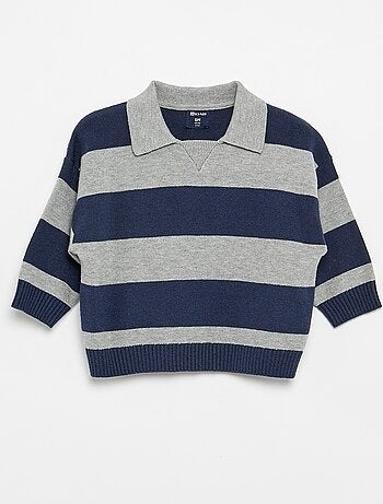 Camisola de manga comprida às riscas com gola polo