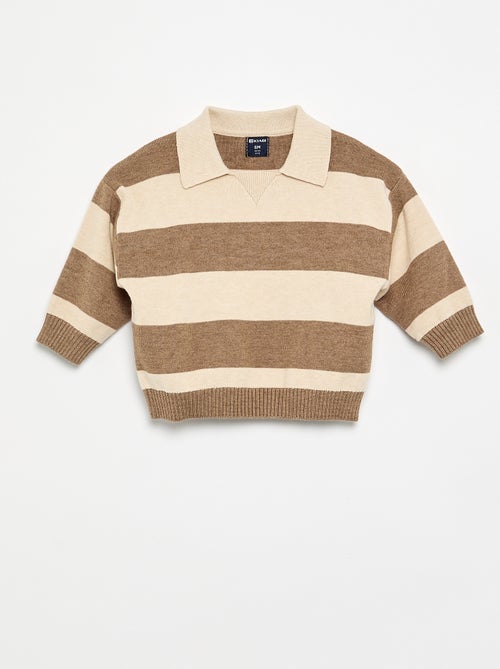 Camisola de manga comprida às riscas com gola polo - Kiabi