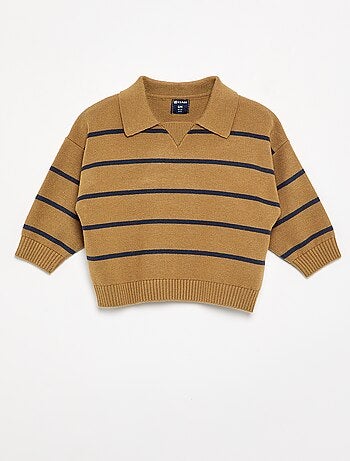 Camisola de manga comprida às riscas com gola polo