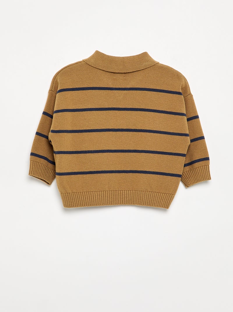 Camisola de manga comprida às riscas com gola polo Bege - Kiabi