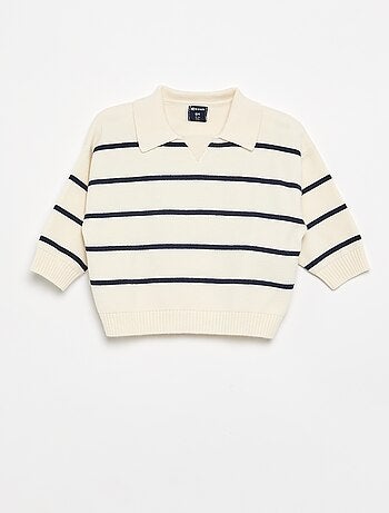 Camisola de manga comprida às riscas com gola polo