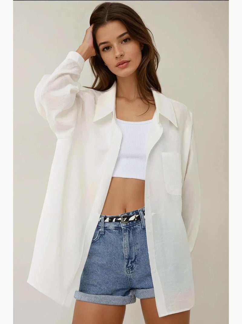 Camisola de manga comprida com ajuste descontraído e gola de camisa hiccup Branco sujo - Kiabi