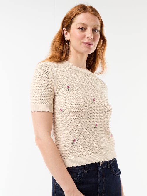 Camisola de manga curta com flores bordadas - Kiabi