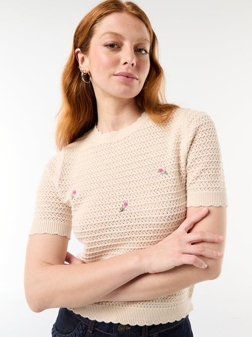 Camisola de manga curta com flores bordadas - Kiabi