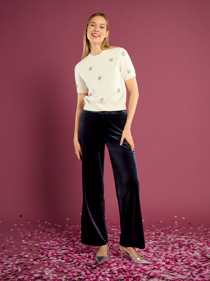 Camisola de manga curta com flores de strass Branco - Kiabi