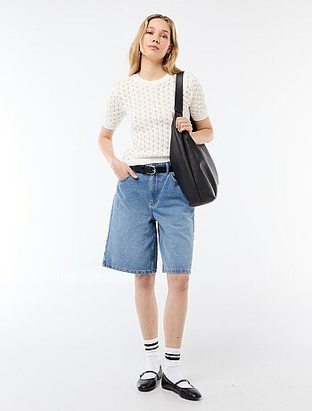 Camisola de manga curta em malha de croché vazada