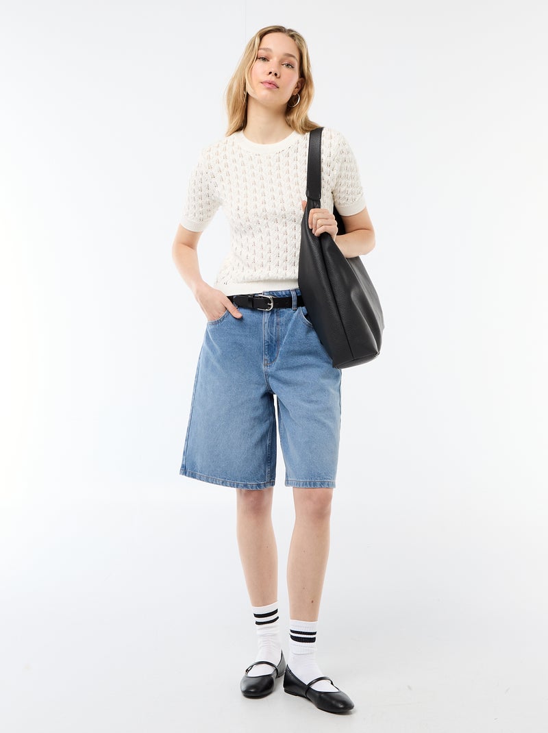 Camisola de manga curta em malha de croché vazada Branco - Kiabi