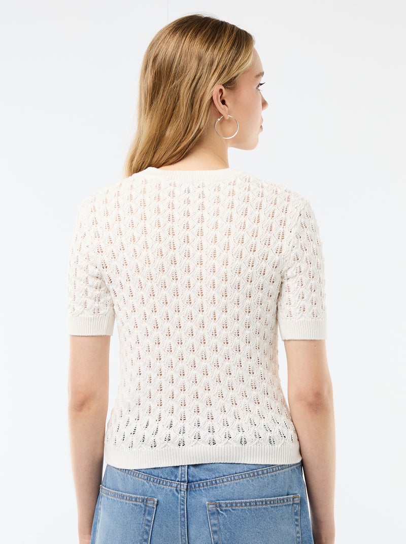 Camisola de manga curta em malha de croché vazada Branco - Kiabi