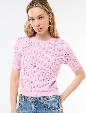 Camisola de manga curta em malha de croché vazada