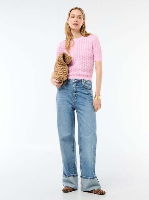 Camisola de manga curta em malha de croché vazada - Kiabi