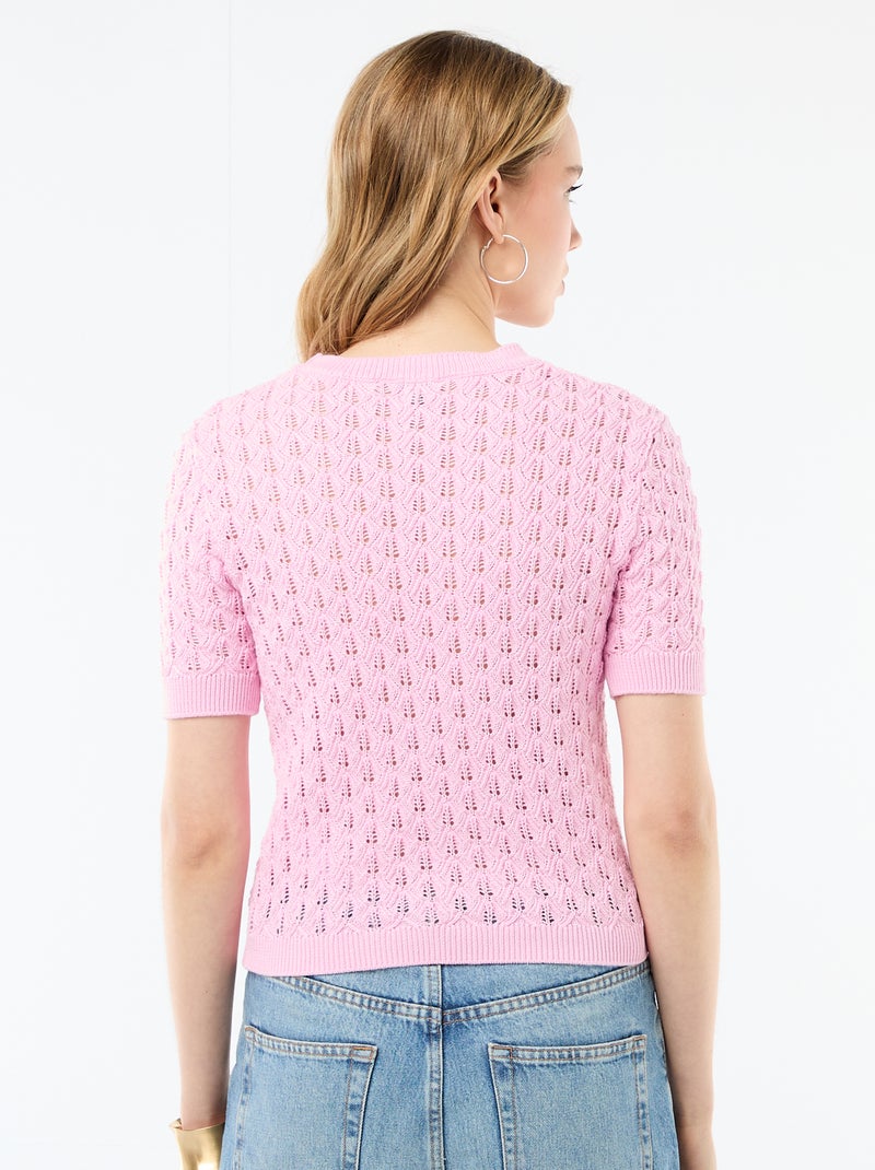 Camisola de manga curta em malha de croché vazada Rosa - Kiabi