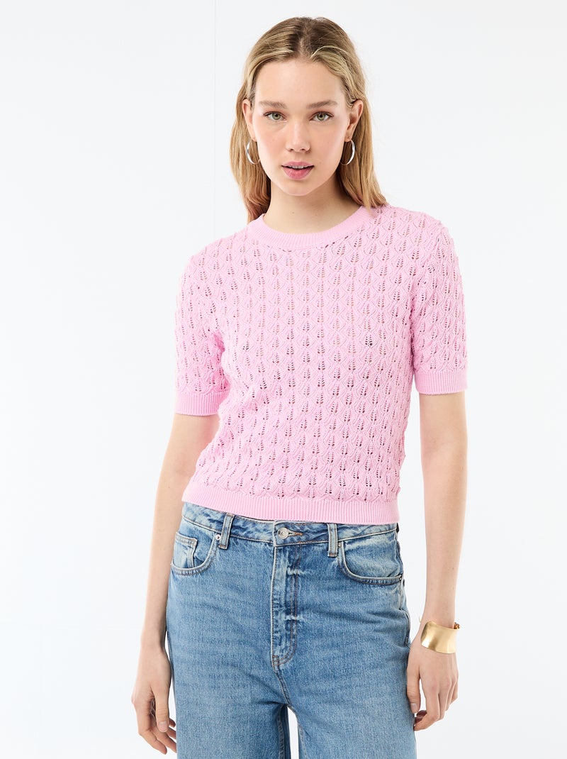 Camisola de manga curta em malha de croché vazada Rosa - Kiabi