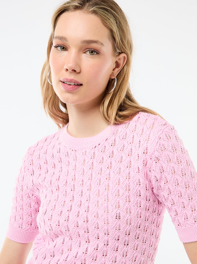 Camisola de manga curta em malha de croché vazada Rosa - Kiabi