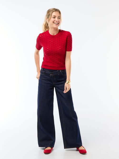 Camisola de manga curta em malha de croché vazada - Kiabi